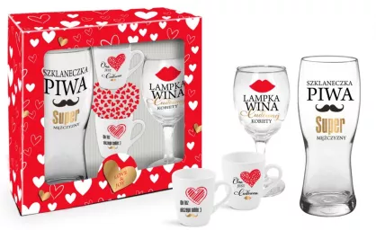 Walentynki 2023 - zestaw szklanka do piwa 500ml.,kieliszek do wina 220ml.,2 mini Baryłki 100ml. - Serca