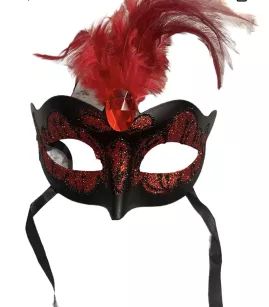 Maska-Venetian Mask Red with Red Stone and Feather